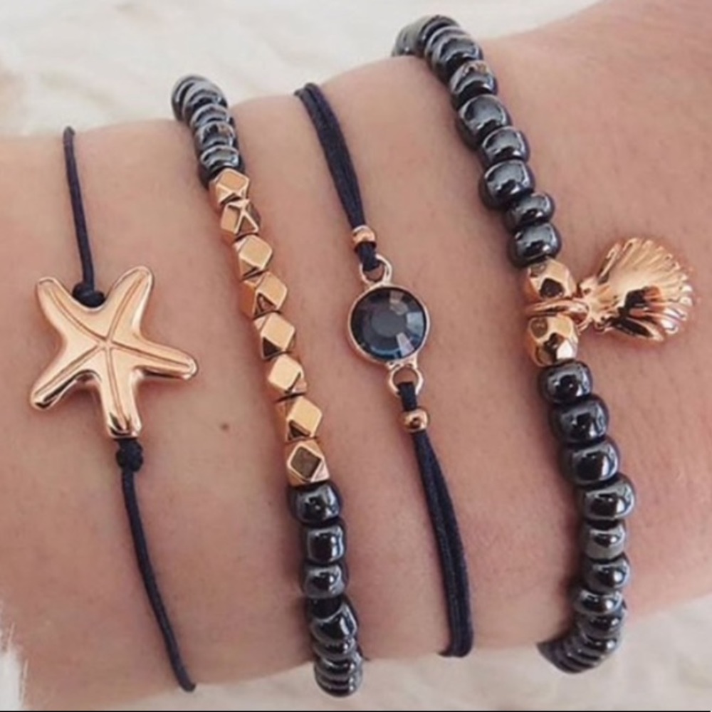 Black & Goldtone Beaded Coastal Bracelet Set